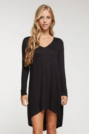 Long sleeve solid knit dress with hi-low bottom hem