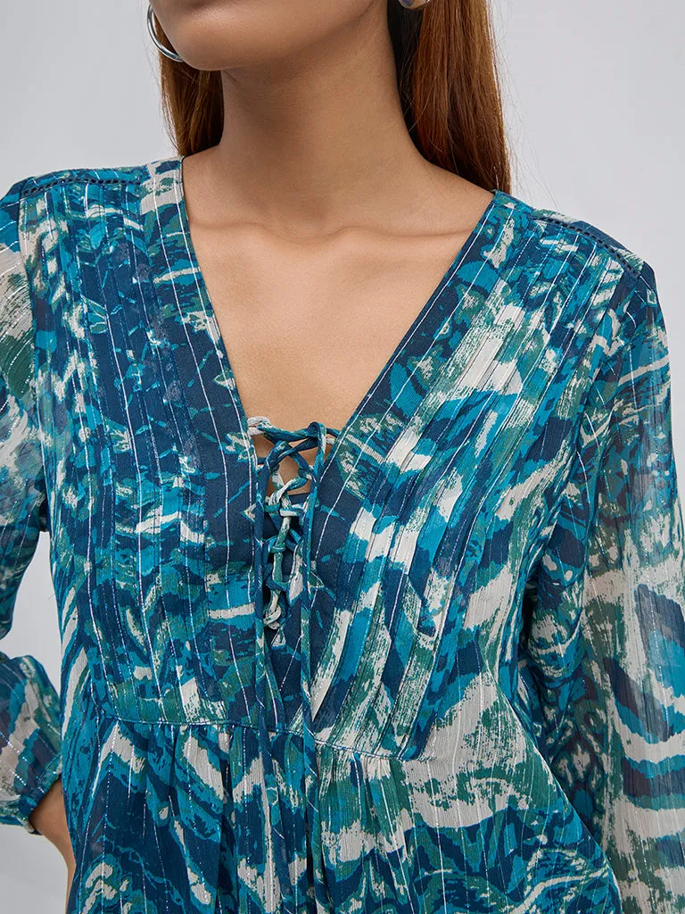 LOV Teal Printed Blouse with Camisole