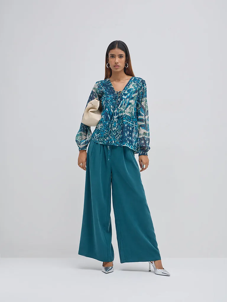 LOV Teal Printed Blouse with Camisole