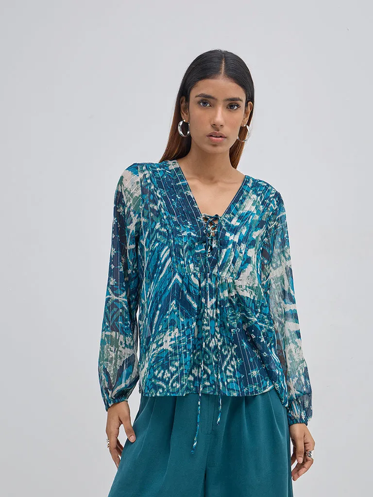 LOV Teal Printed Blouse with Camisole