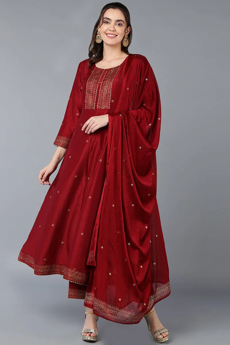 Maroon Silk Blend Rogan Work Flared Suit Set