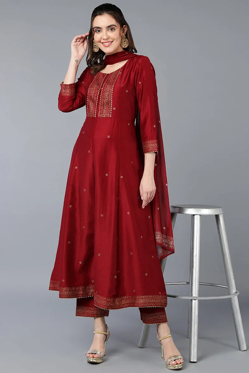 Maroon Silk Blend Rogan Work Flared Suit Set