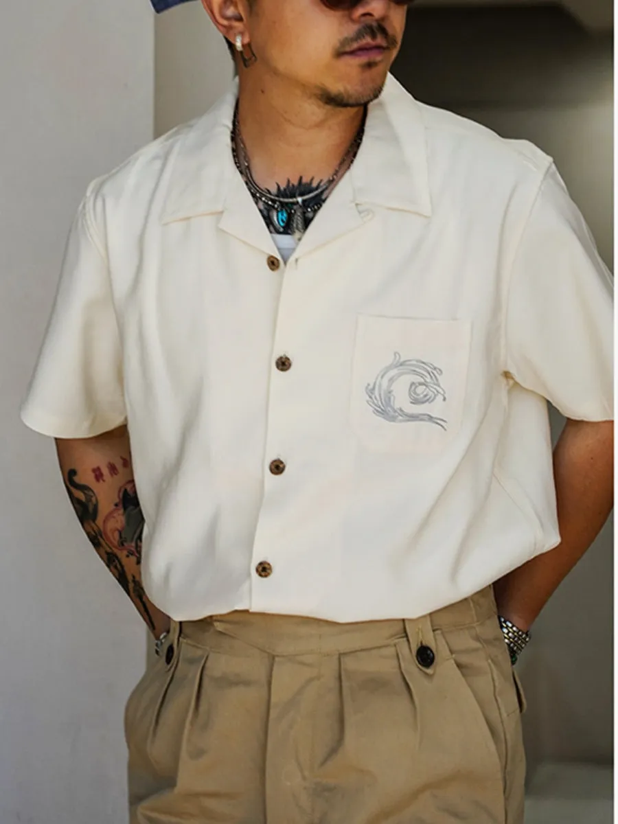 Men's Blue Marlin Embroidery Camp Collar Shirt