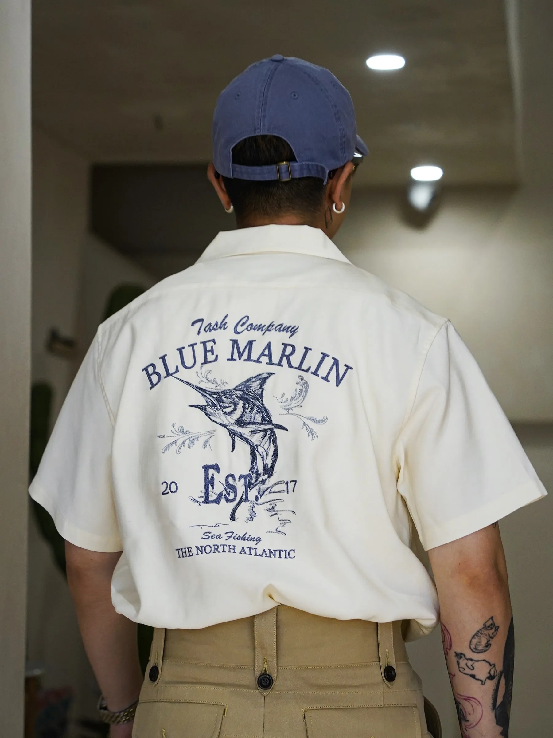 Men's Blue Marlin Embroidery Camp Collar Shirt