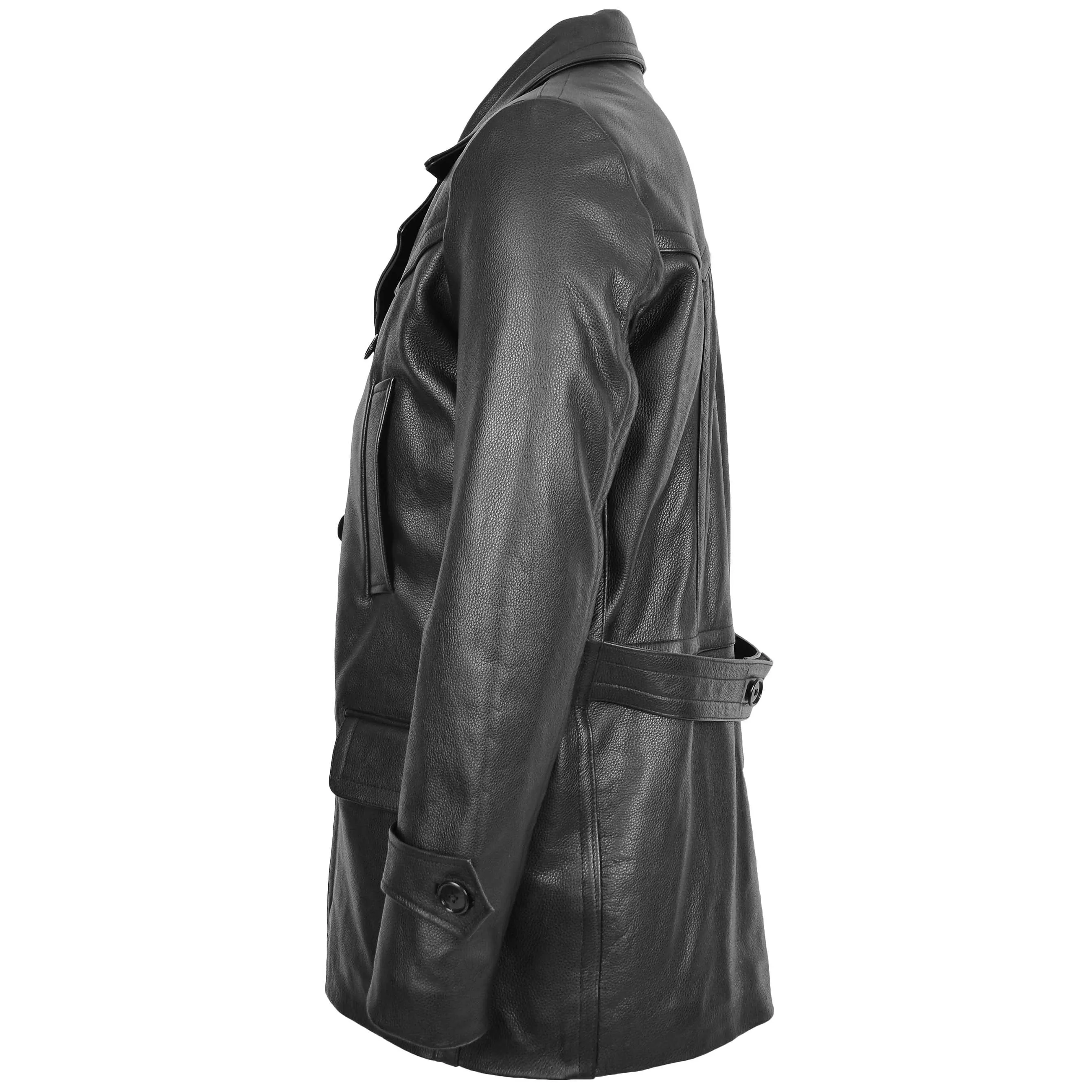 Mens Double Breasted Leather Peacoat Salcombe Black