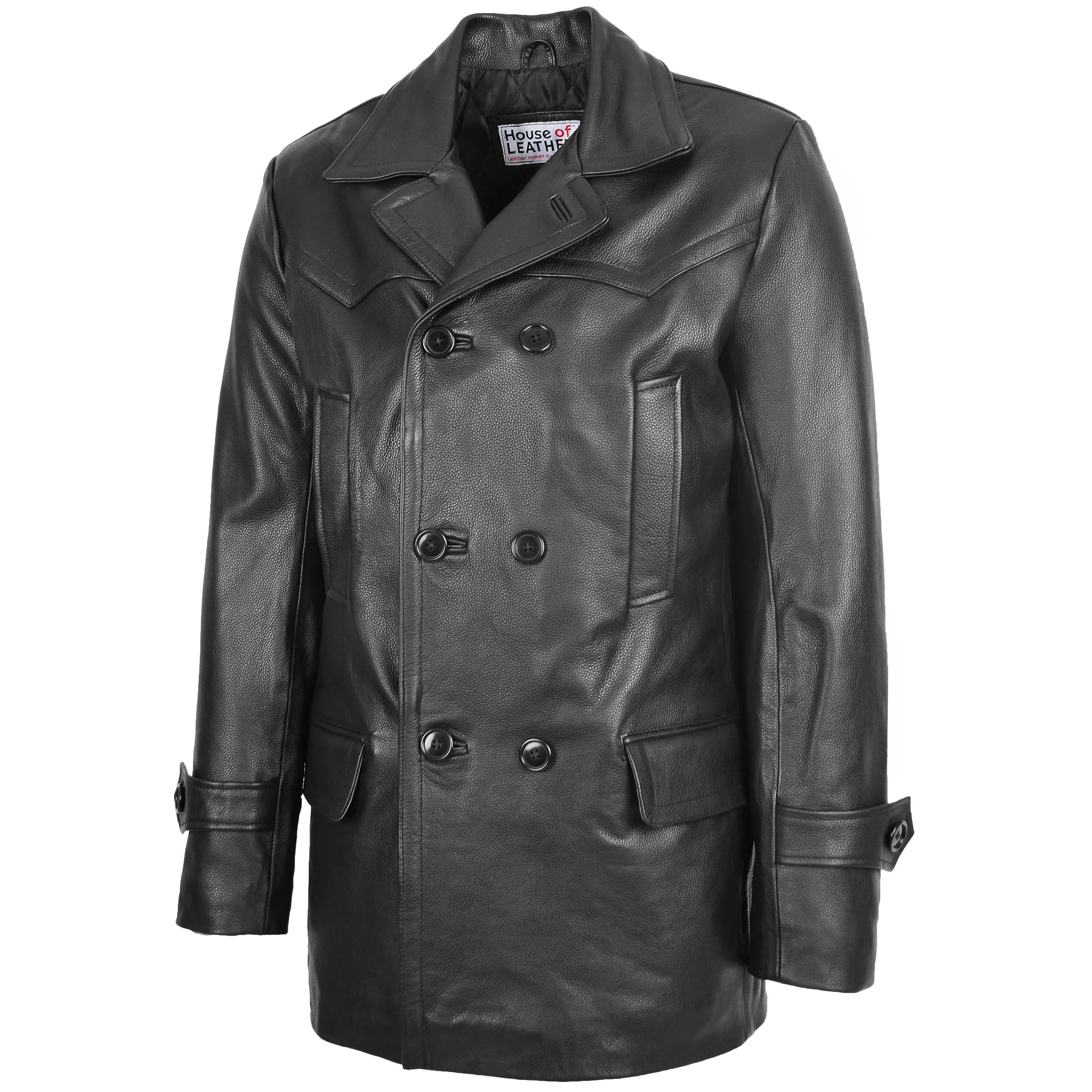 Mens Double Breasted Leather Peacoat Salcombe Black