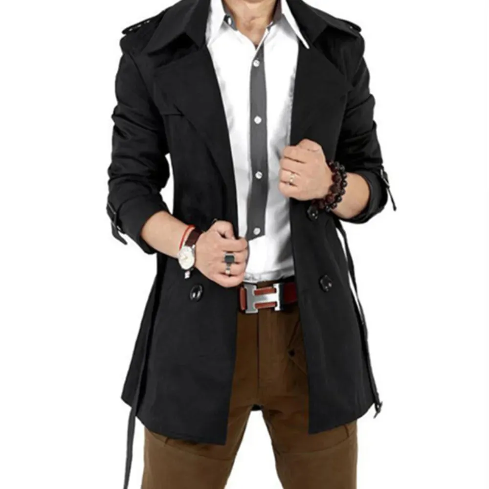 Mens Elegant British Solid Color Mid-Length Windbreaker