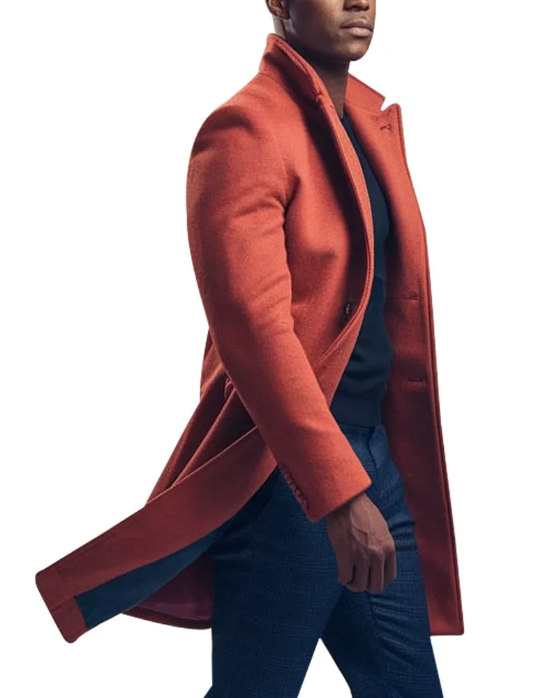 Men's Elegant Burnt Orange Single-Breasted Wool Overcoat