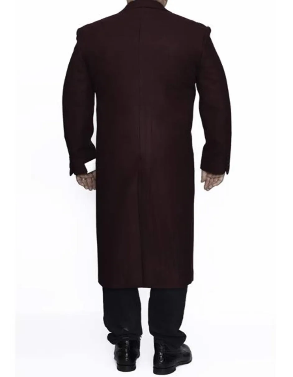 Mens Overcoat - Topcoat For Men - Winter Fabric - 3 Button Ankle length Wool Dress Top Coat/Overcoat In Burgundy