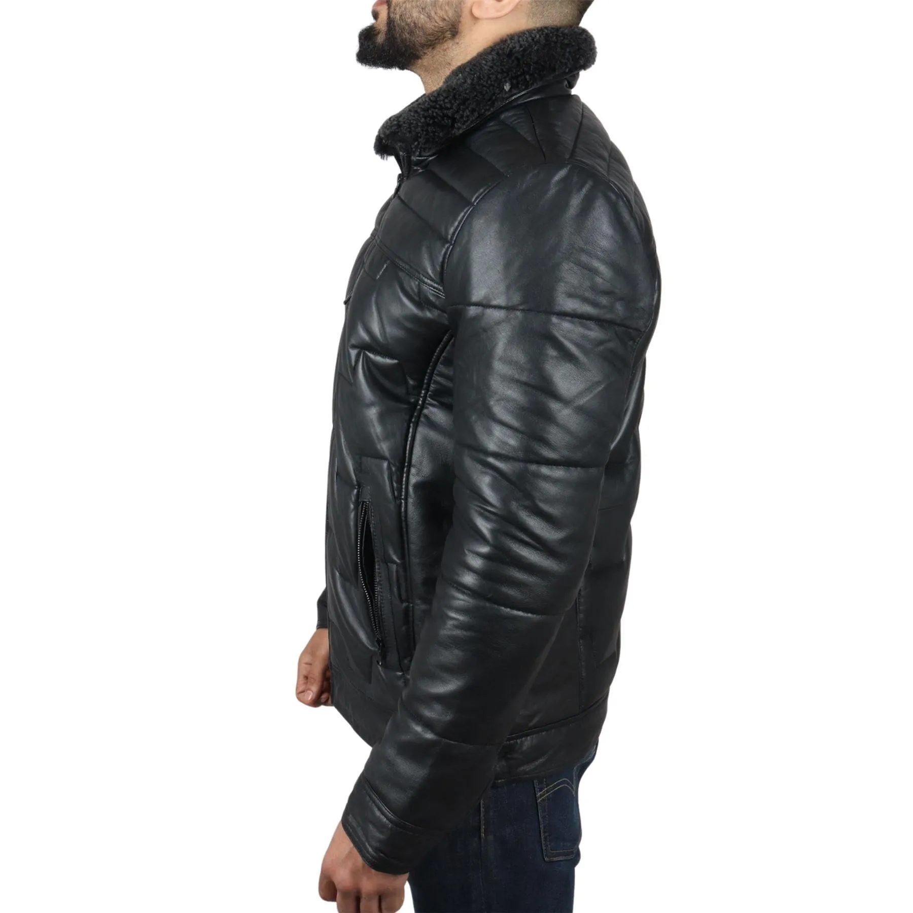 Men's Quilted Padded Real Leather Safari Parka Coat Jacket Fleece Collar