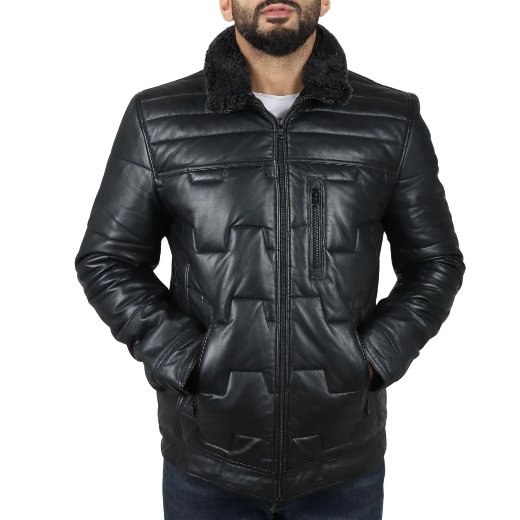 Men's Quilted Padded Real Leather Safari Parka Coat Jacket Fleece Collar