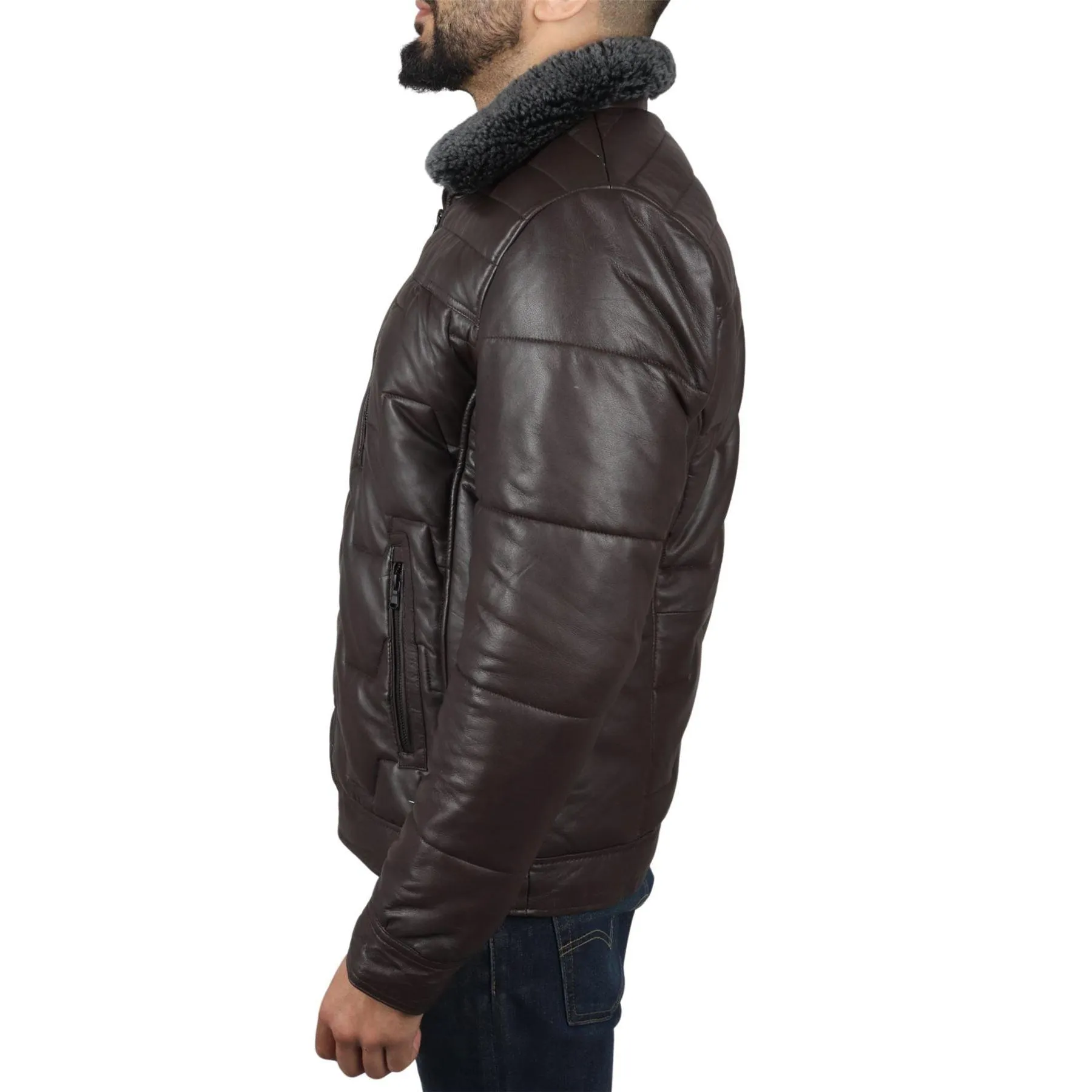 Men's Quilted Padded Real Leather Safari Parka Coat Jacket Fleece Collar