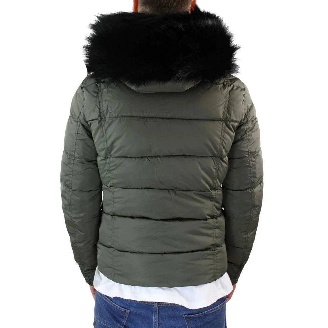 Mens Zip Hooded Fur Jacket Coat Puffer Quilted Warm Winter