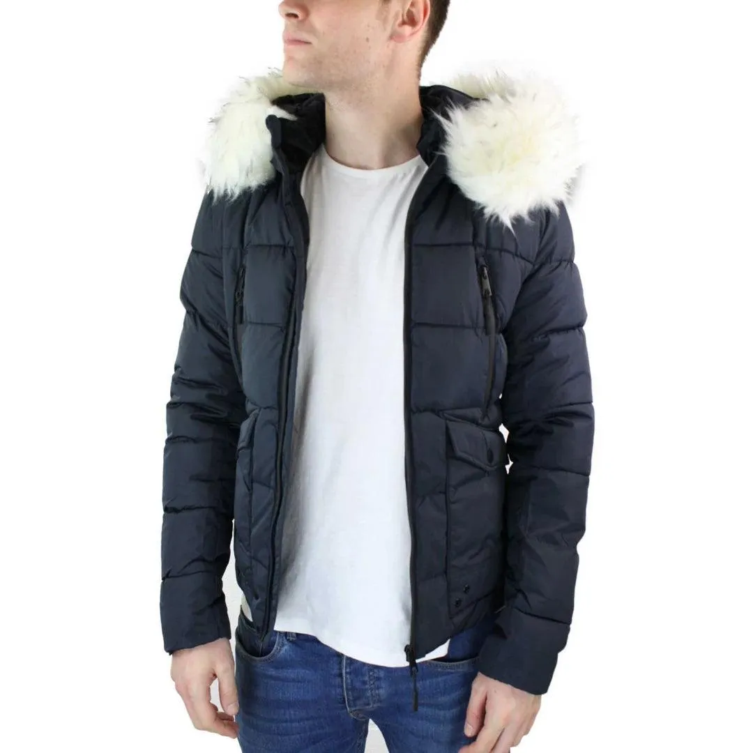 Mens Zip Hooded Fur Jacket Coat Puffer Quilted Warm Winter