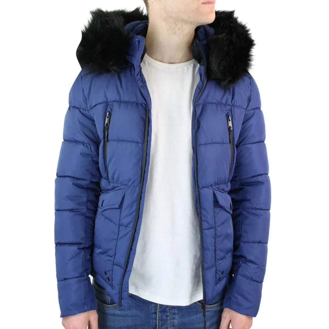 Mens Zip Hooded Fur Jacket Coat Puffer Quilted Warm Winter