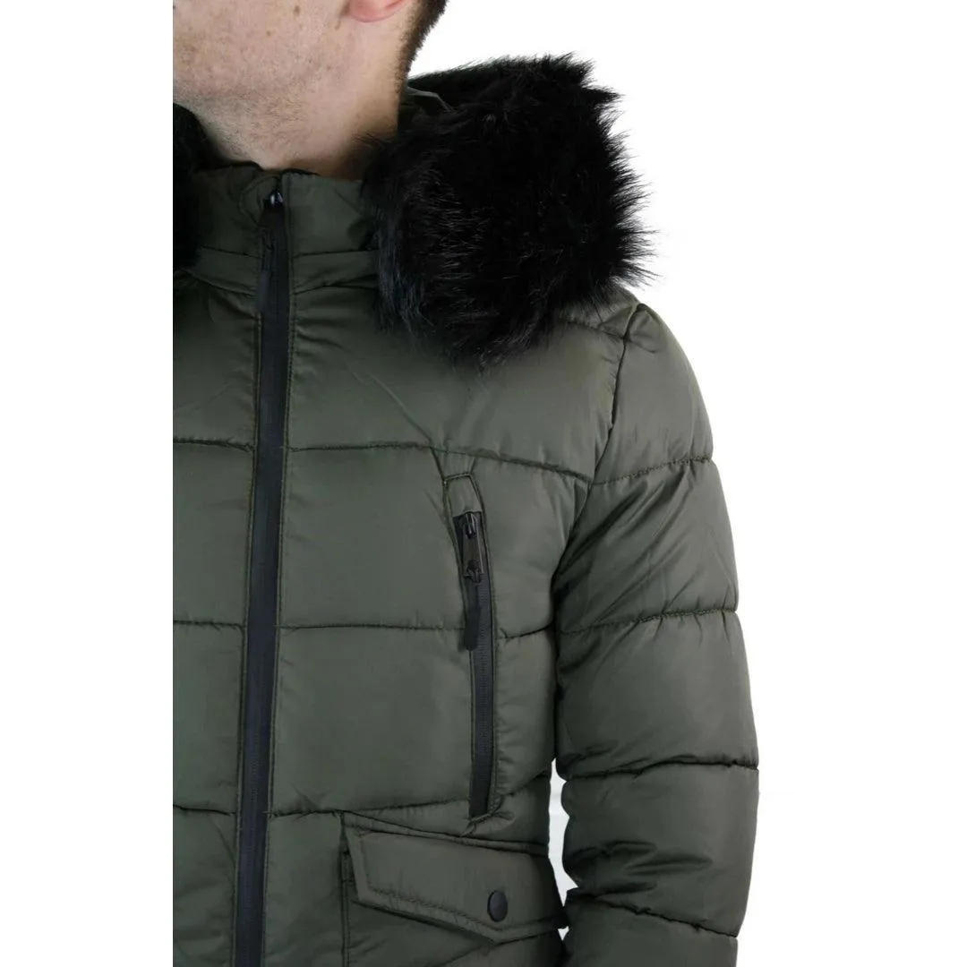 Mens Zip Hooded Fur Jacket Coat Puffer Quilted Warm Winter