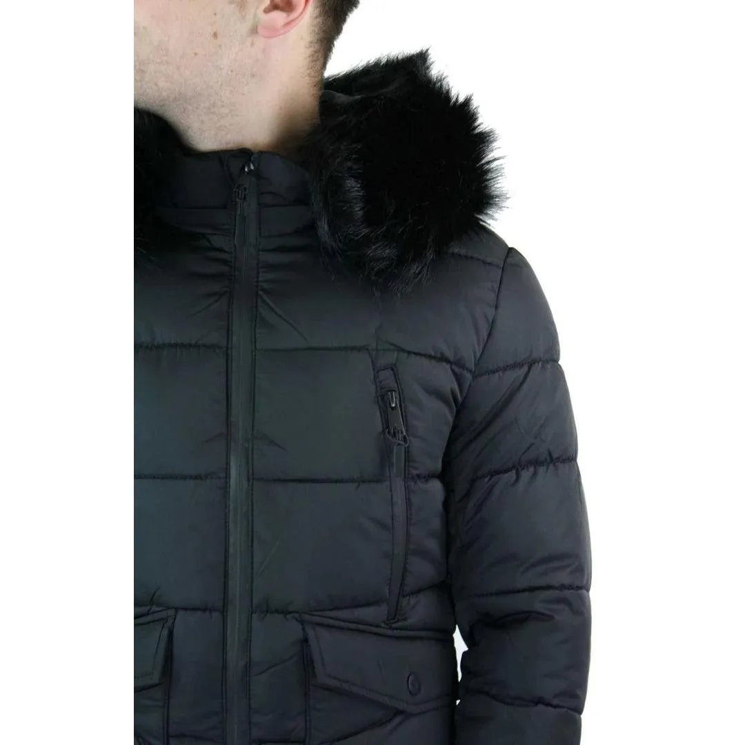 Mens Zip Hooded Fur Jacket Coat Puffer Quilted Warm Winter