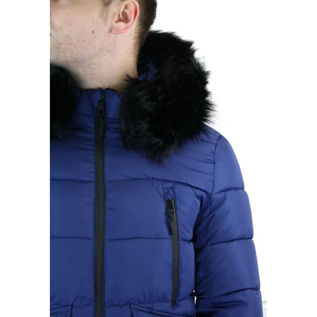 Mens Zip Hooded Fur Jacket Coat Puffer Quilted Warm Winter