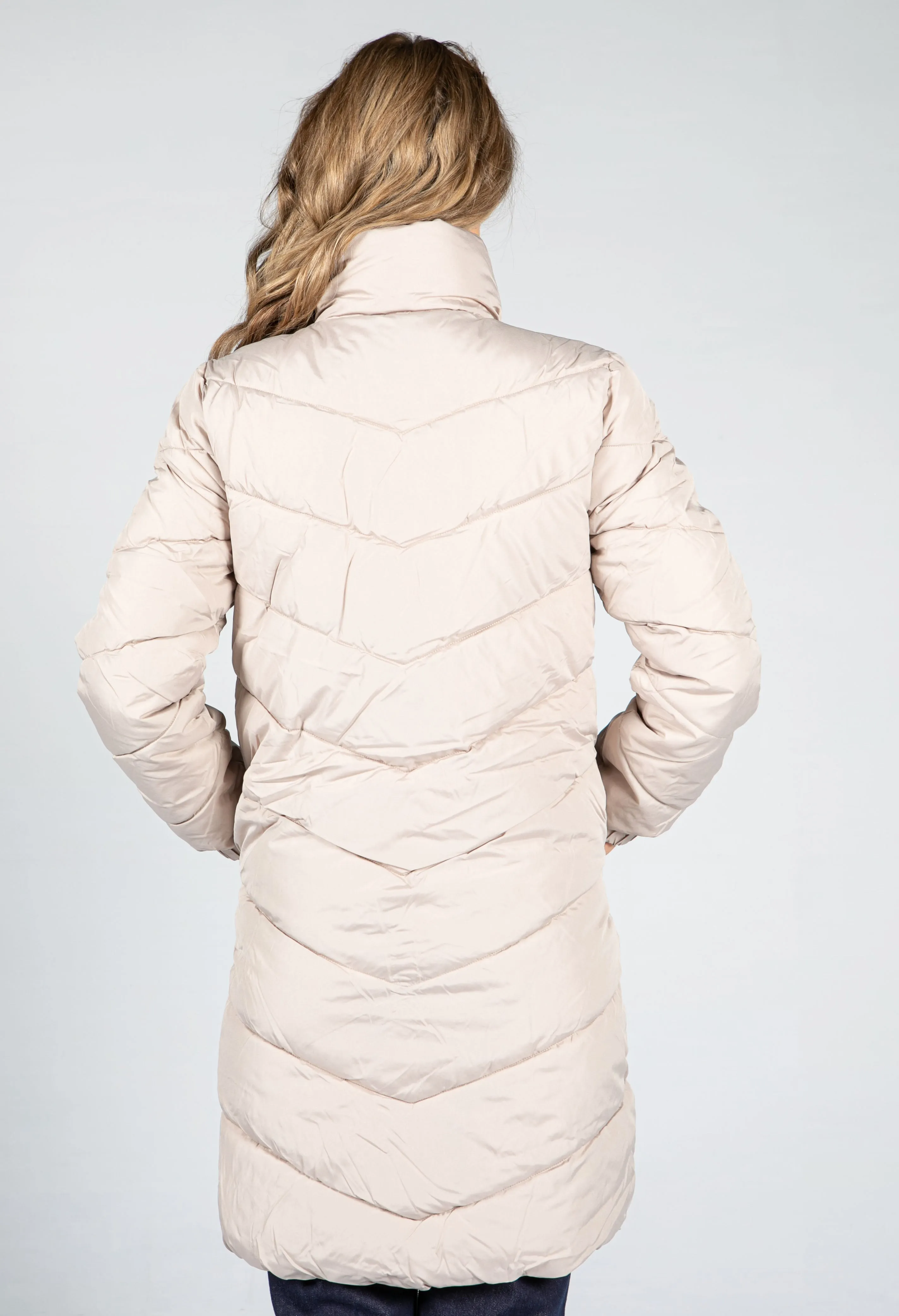 Midi Length Quilted Coat in Sand Beige