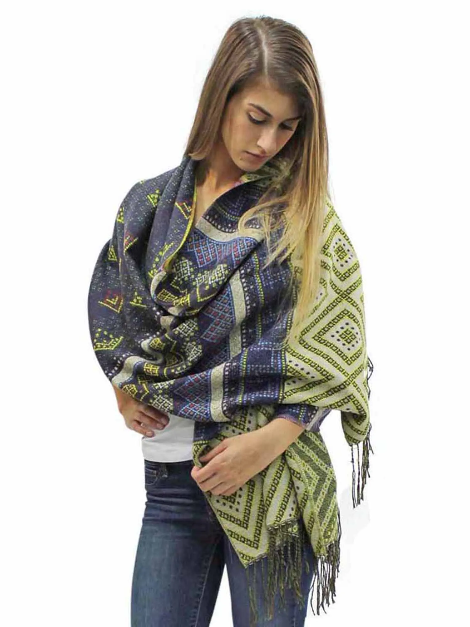 Multicolor Ikat Print Blanket Scarf Wrap With Metallic Trim