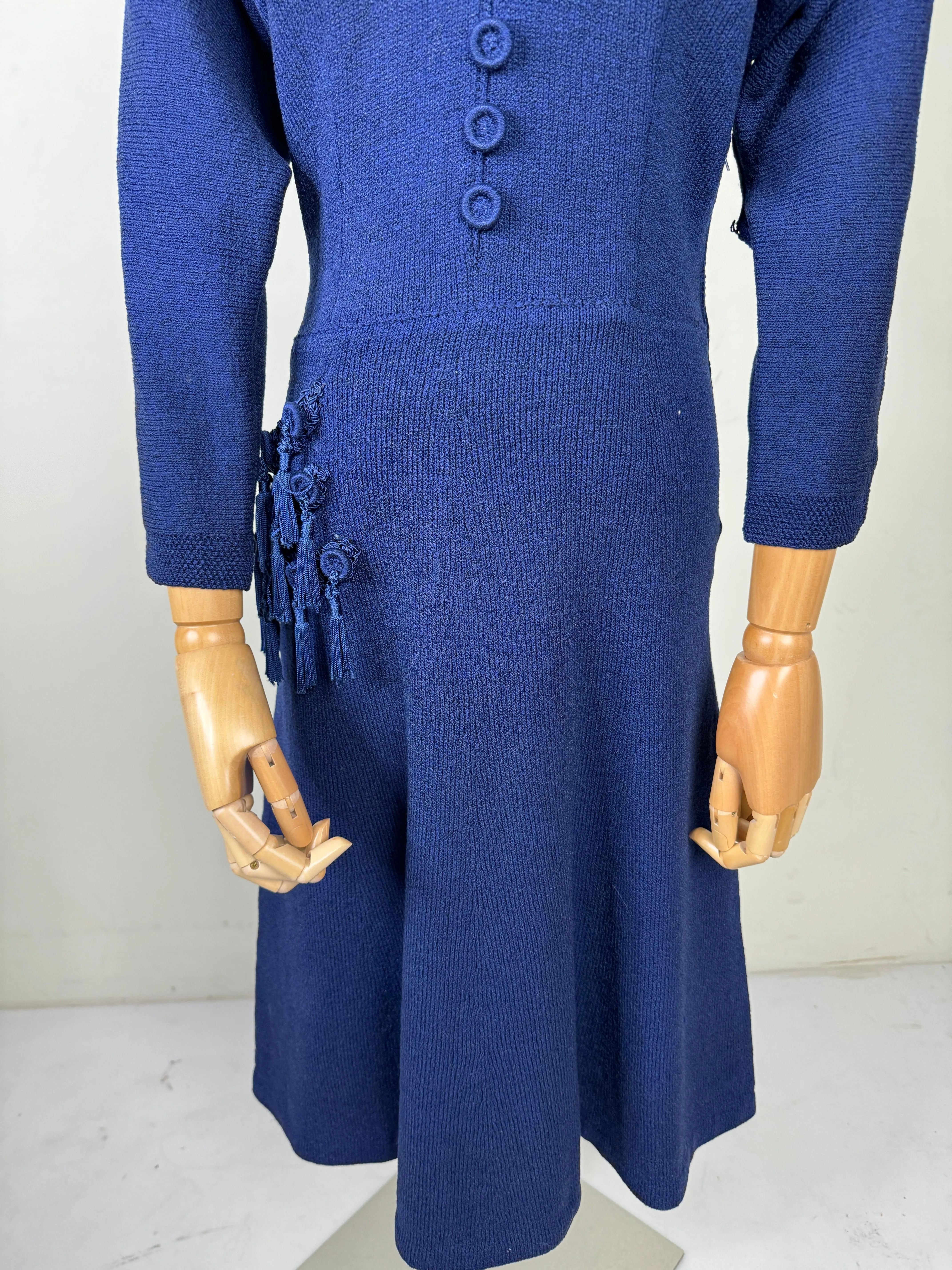 Navy Blue Knit Tassel Dress 1940s