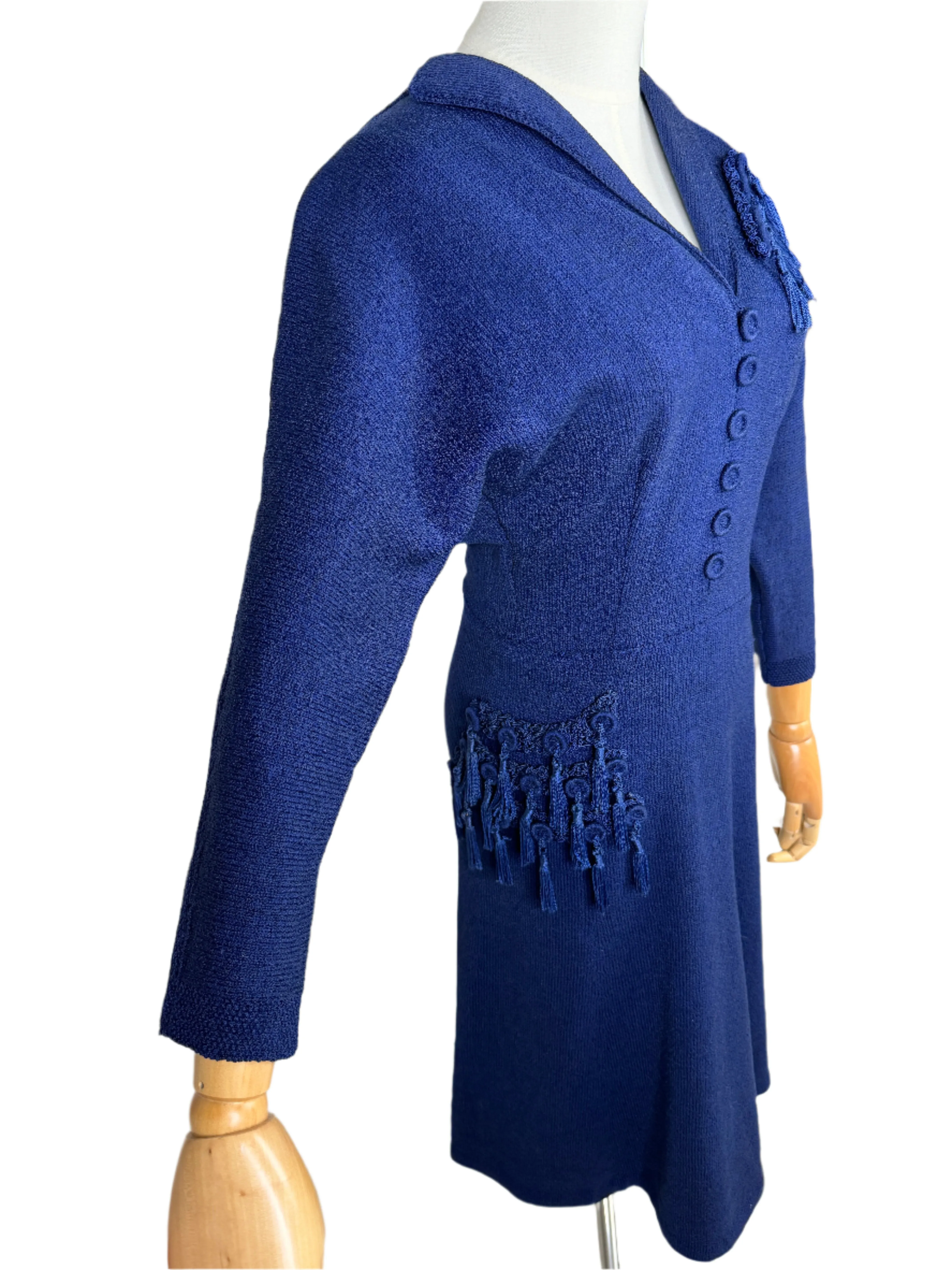 Navy Blue Knit Tassel Dress 1940s