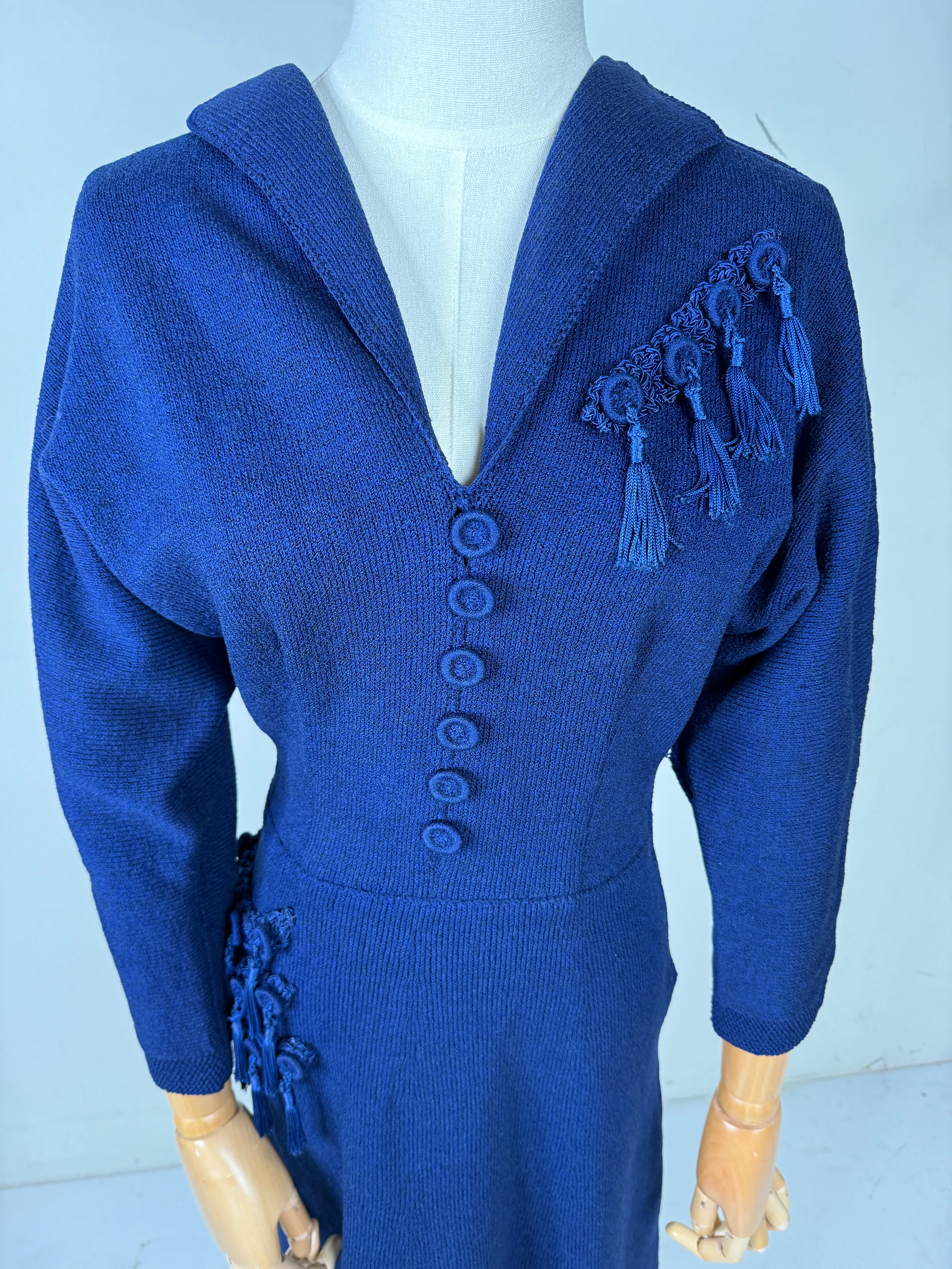 Navy Blue Knit Tassel Dress 1940s