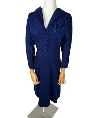 Navy Blue Knit Tassel Dress 1940s