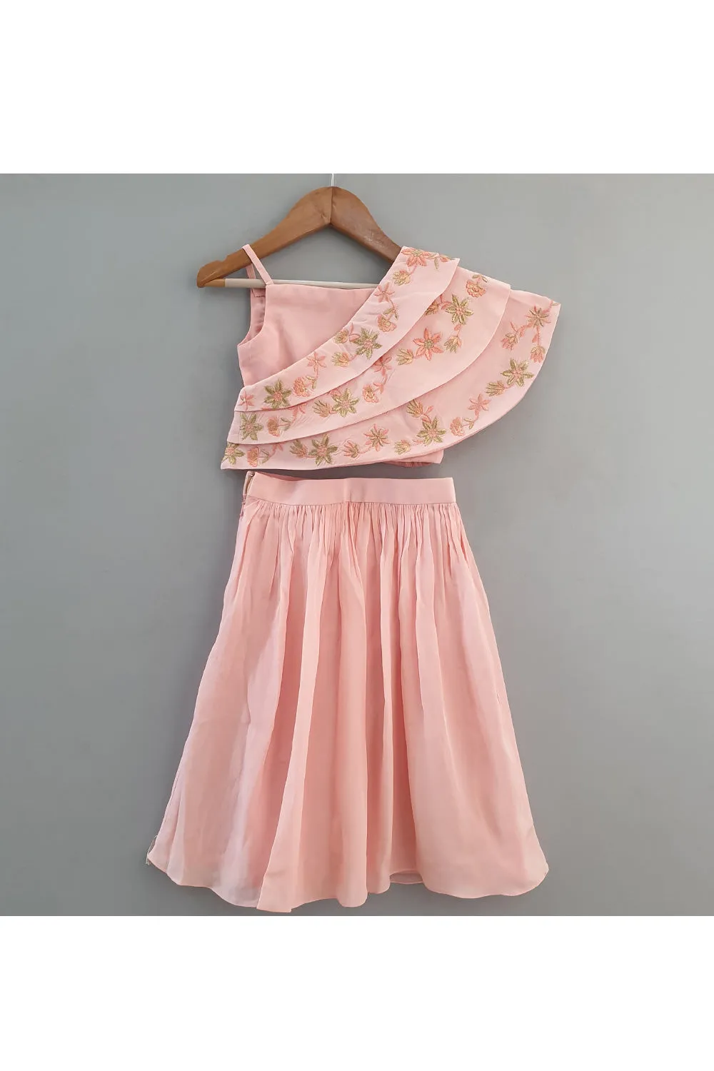 Peach Sleeveless Top With Embroidered Cape And Skirt Set