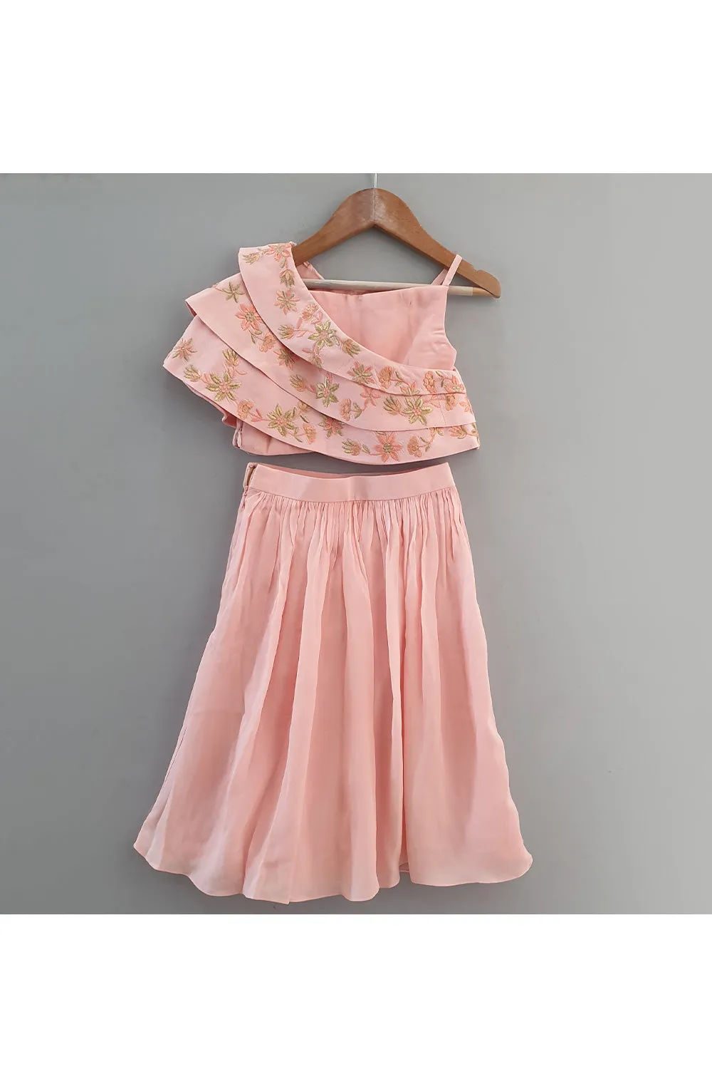 Peach Sleeveless Top With Embroidered Cape And Skirt Set