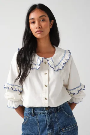 Phoebe Blouse in Ecru and Electric Blue Embroidery