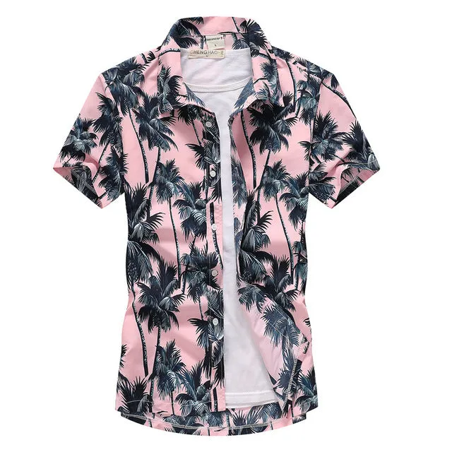 Pink Hawaiian Beach Short Sleeve Shirt Men 2019 Summer Fashion Palm Tree Print Tropical Aloha Shirts Mens Party Holiday Chemise