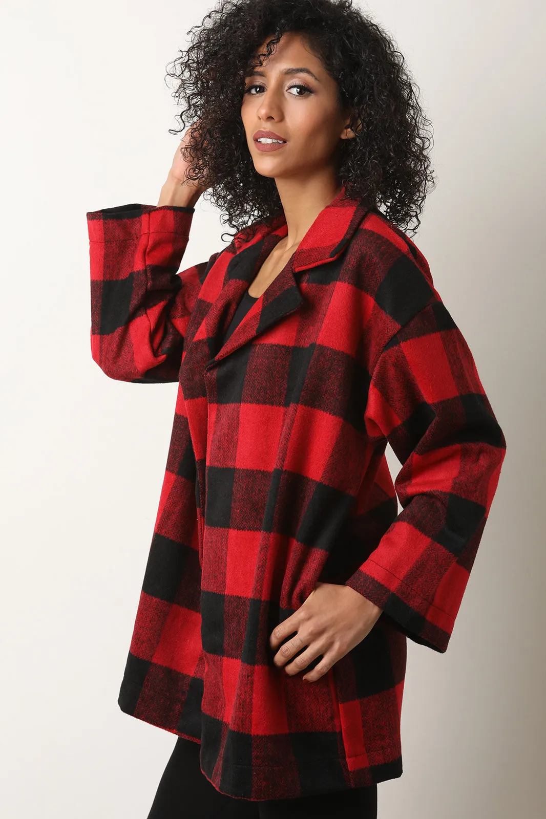 Plaid Print Notched Collar Open Front Peacoat