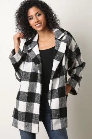 Plaid Print Notched Collar Open Front Peacoat