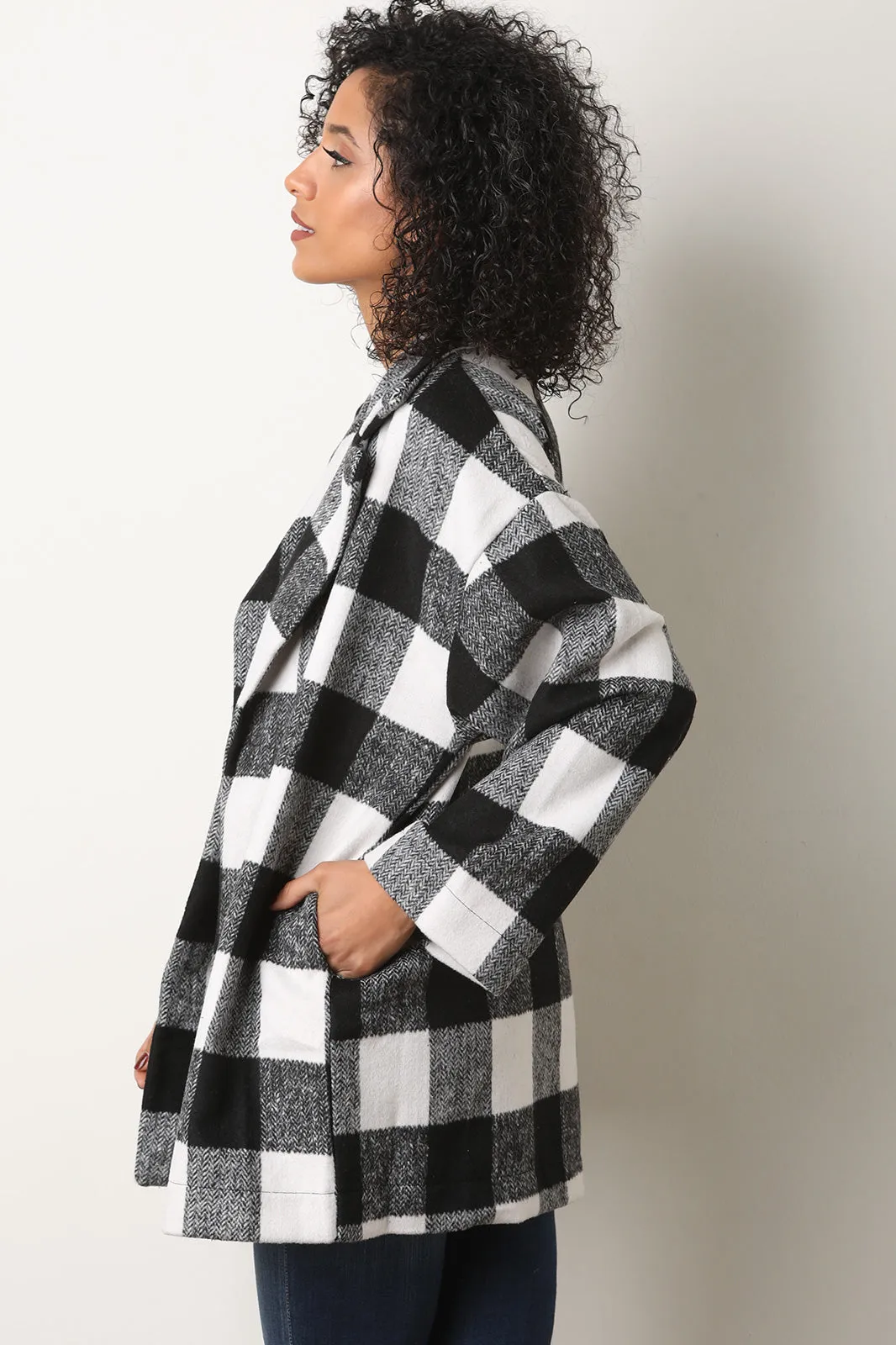 Plaid Print Notched Collar Open Front Peacoat