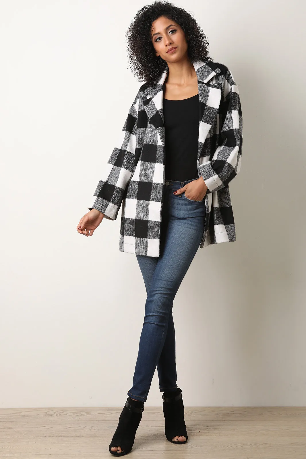 Plaid Print Notched Collar Open Front Peacoat