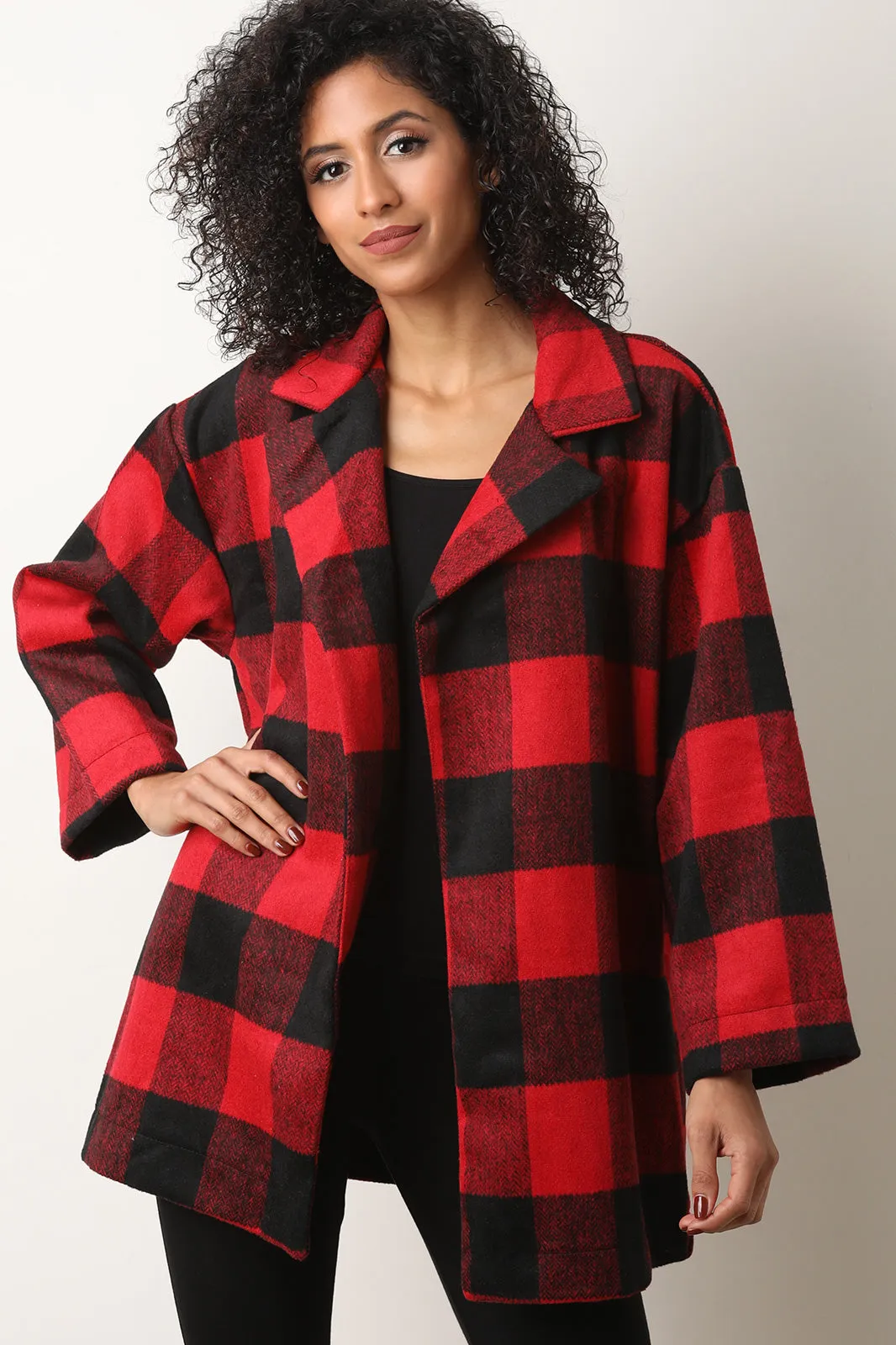 Plaid Print Notched Collar Open Front Peacoat