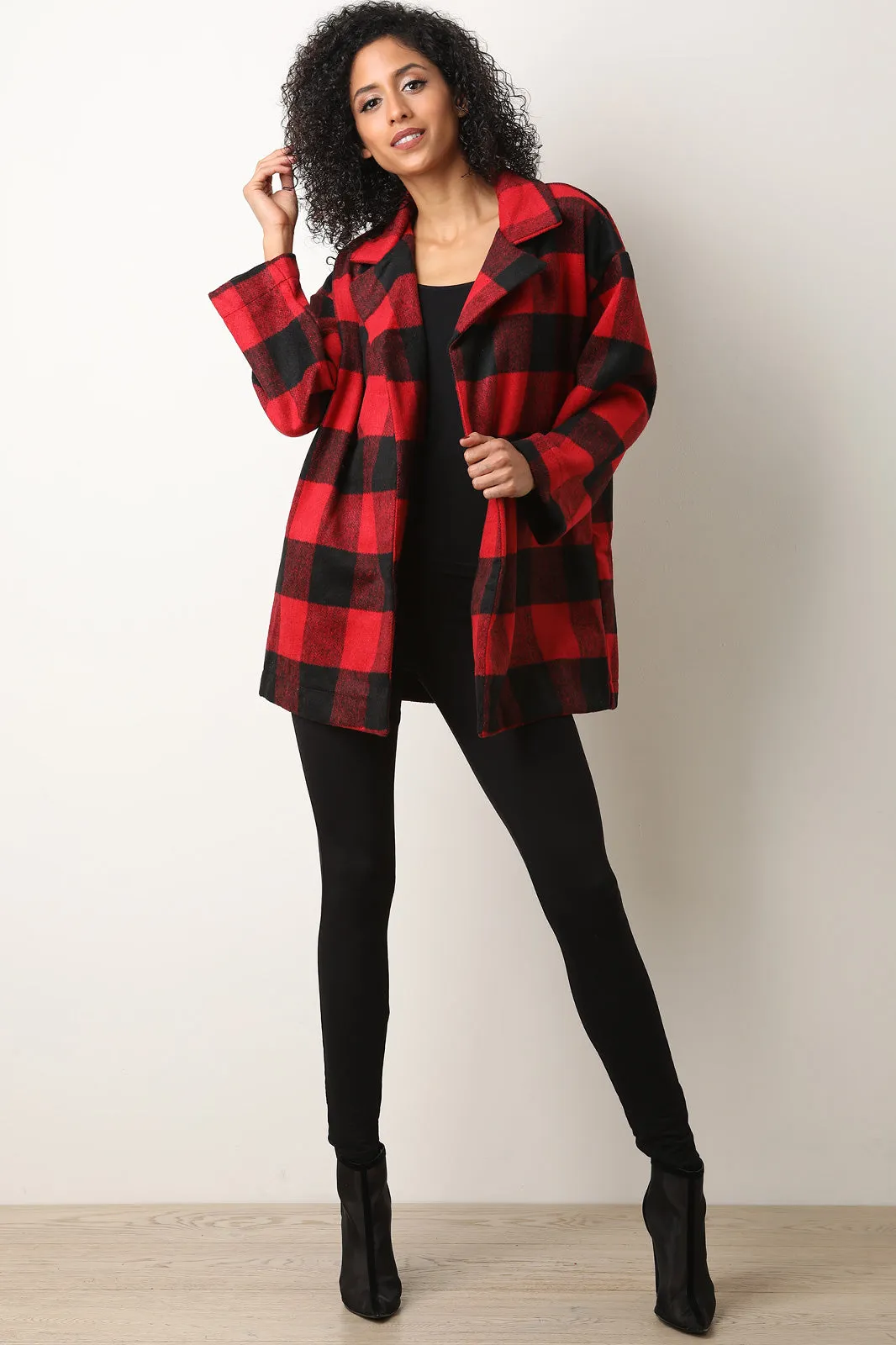 Plaid Print Notched Collar Open Front Peacoat