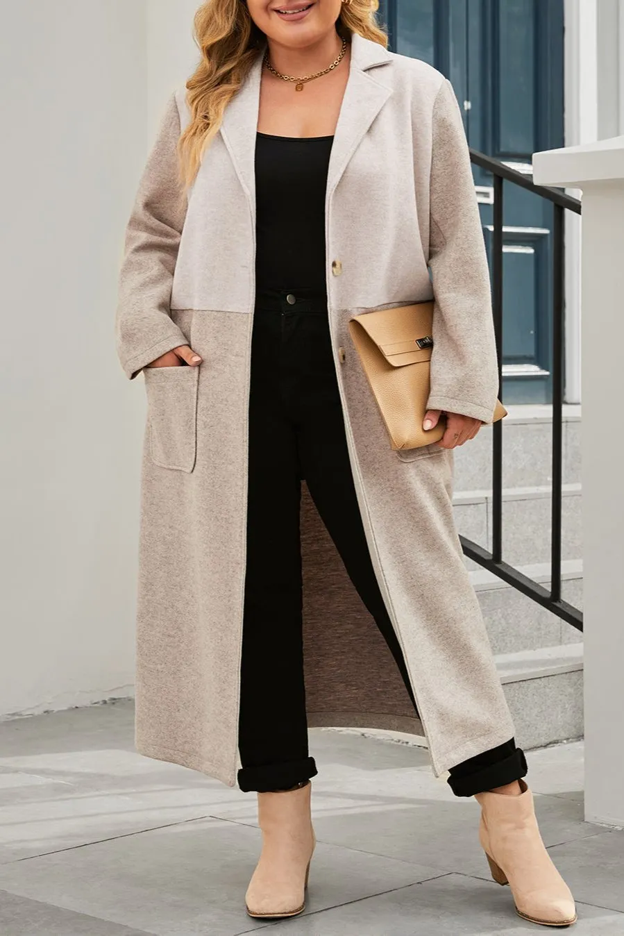 Plus Size Colorblock Lapel Collar Long Coat