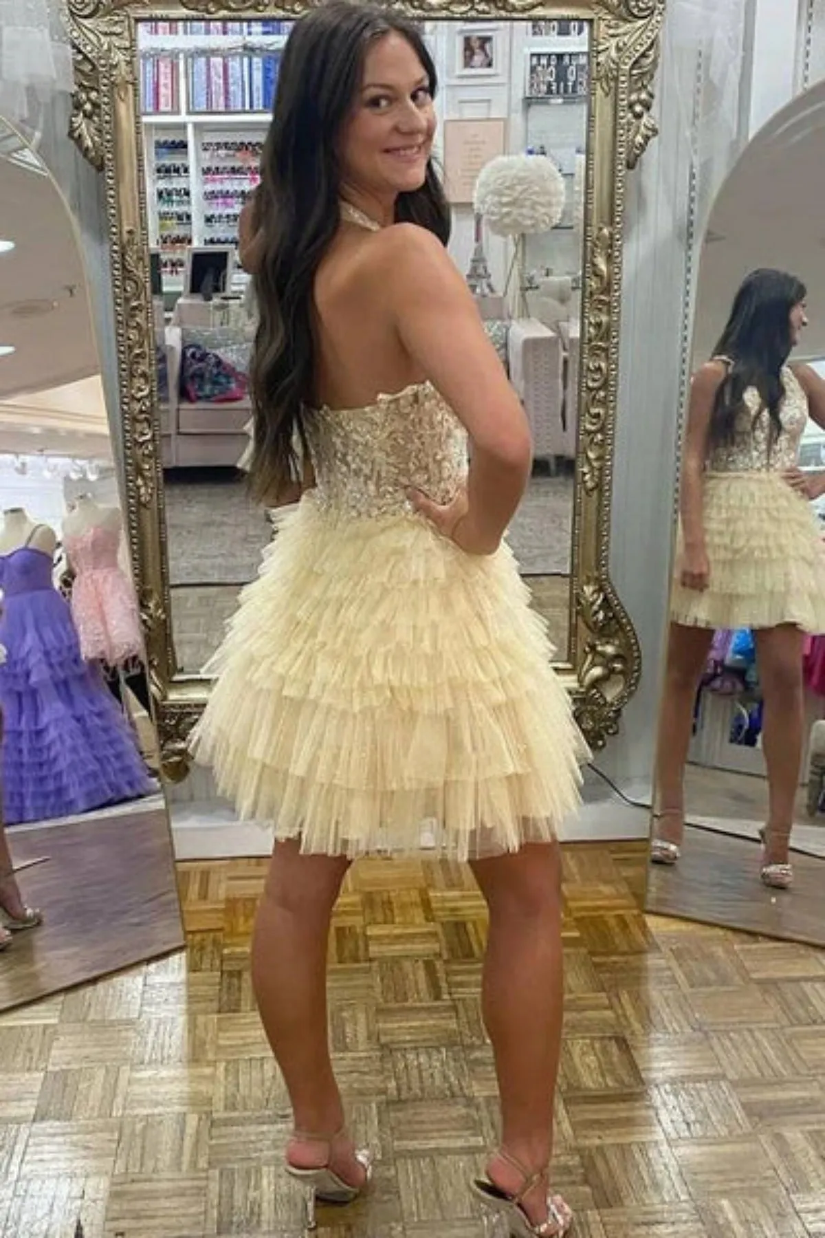 Princess V Neck Open Back Ruffle Yellow Lace Prom Dress, Short Yellow Lace Homecoming Dress A2199