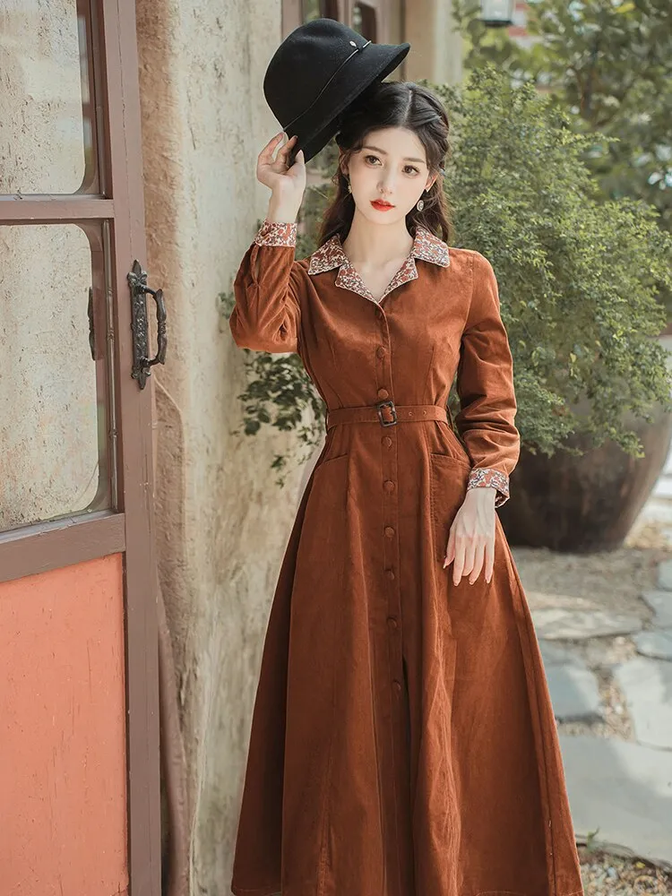 Purpdrank - Modern Elegant Office Lady Outfits Vintage Turn Down Collar Woman Brown Overcoat Dresses With Belt Vestidos Outono Inverno