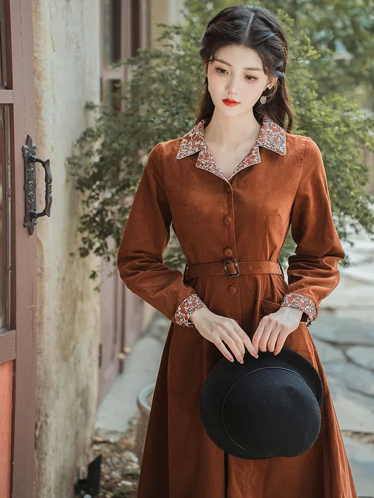 Purpdrank - Modern Elegant Office Lady Outfits Vintage Turn Down Collar Woman Brown Overcoat Dresses With Belt Vestidos Outono Inverno