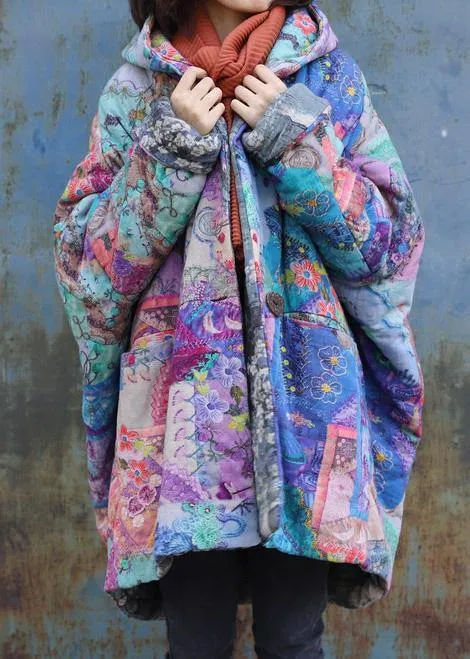 Purple prints overcoat oversized warm winter coat hooded patchwork overcoat