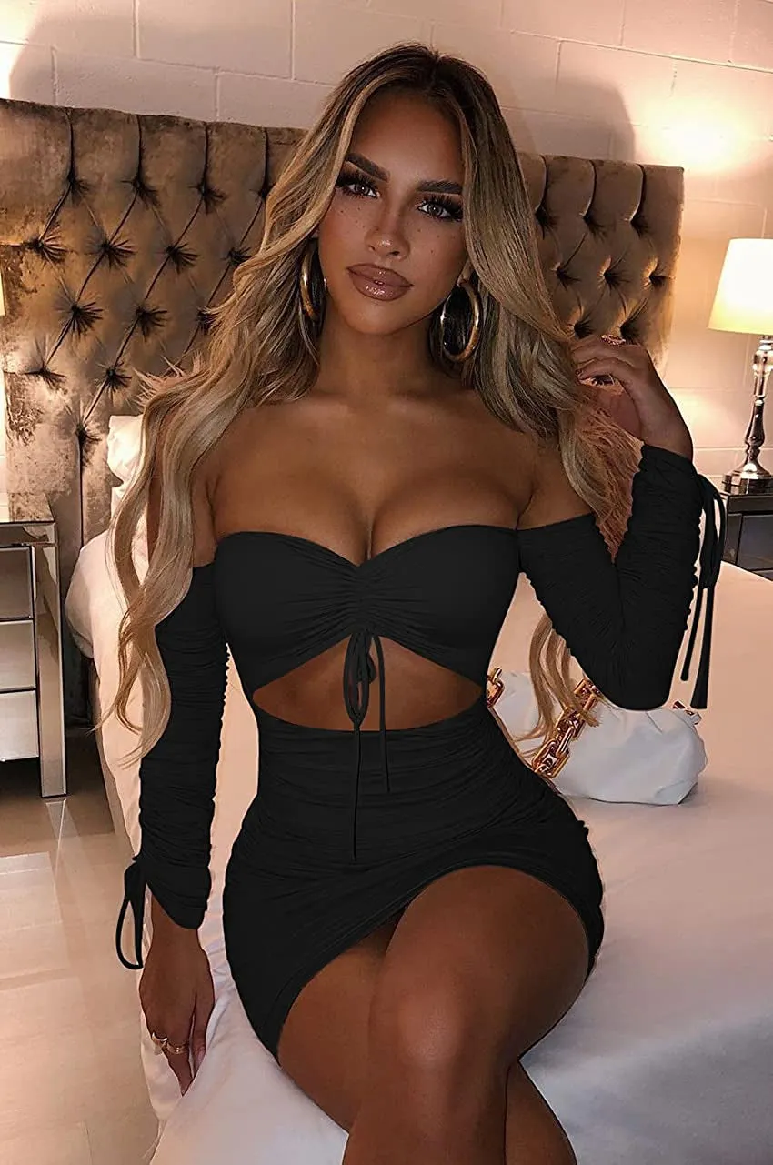 "Ultra-Flattering Women's Seductive Cutout Bodycon Mini Dress - Long Sleeves, Drawstring Waist, and Sexy Tube Design - Perfect for Club Nights!"