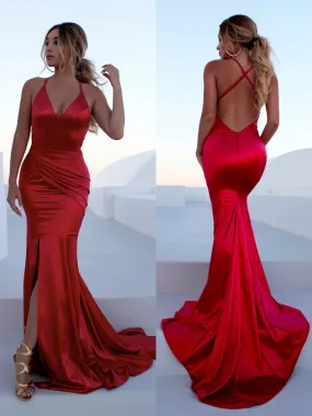 Red Mermaid Backless Satin Long Prom with Leg Slit Train, Red Mermaid Formal, Red Evening