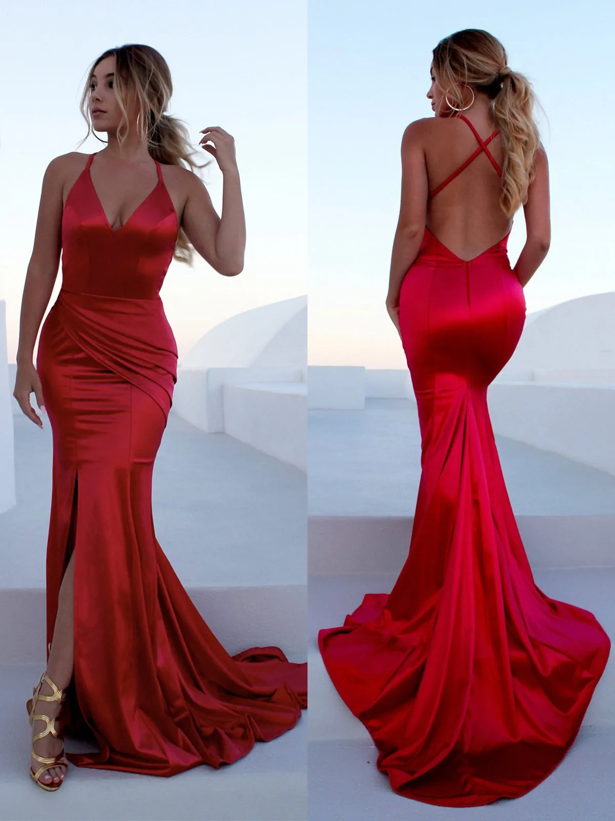 Red Mermaid Backless Satin Long Prom with Leg Slit Train, Red Mermaid Formal, Red Evening