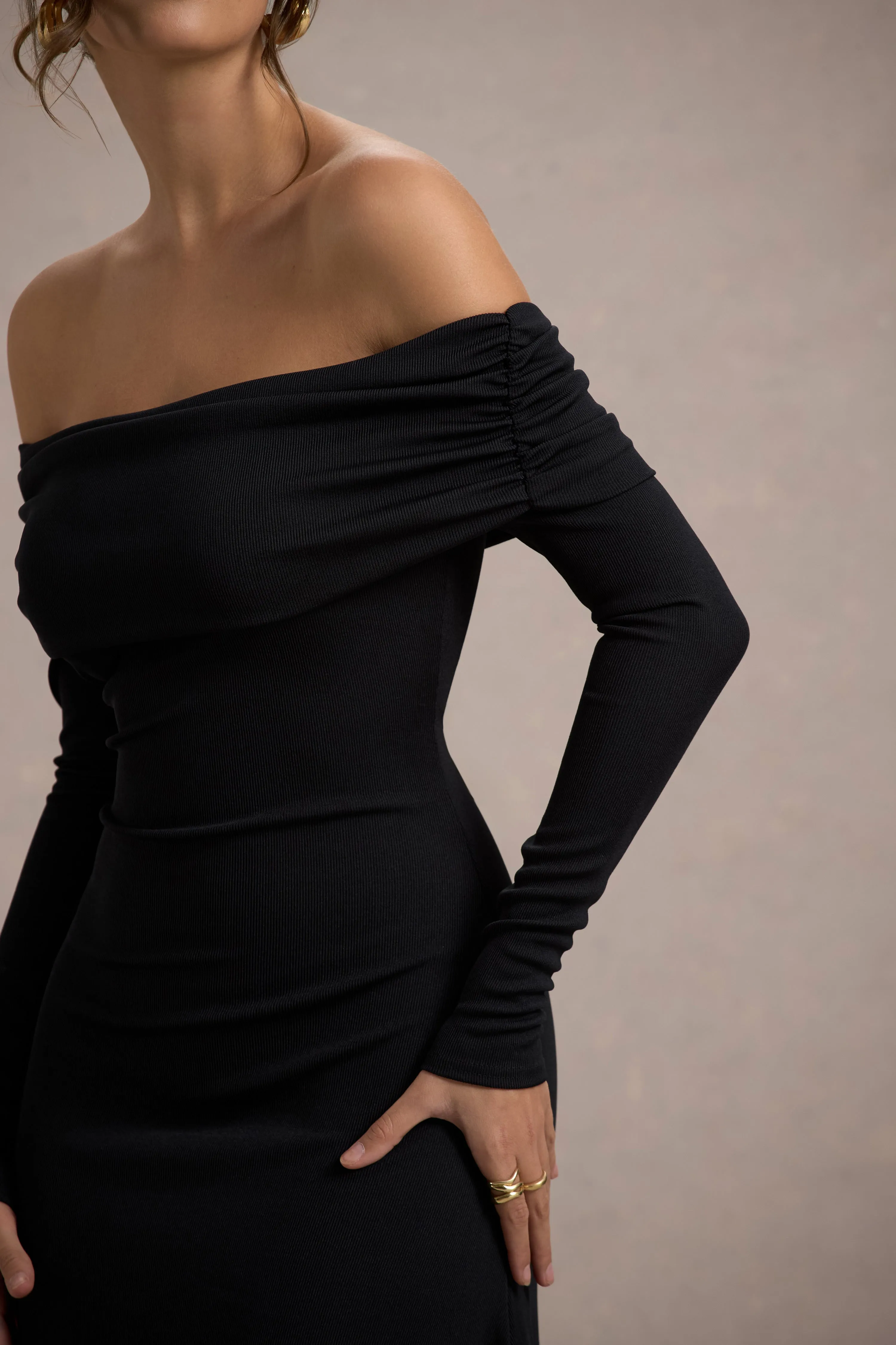 Romina | Black Rib Knit Bardot Maxi Dress With Asymmetric Hem