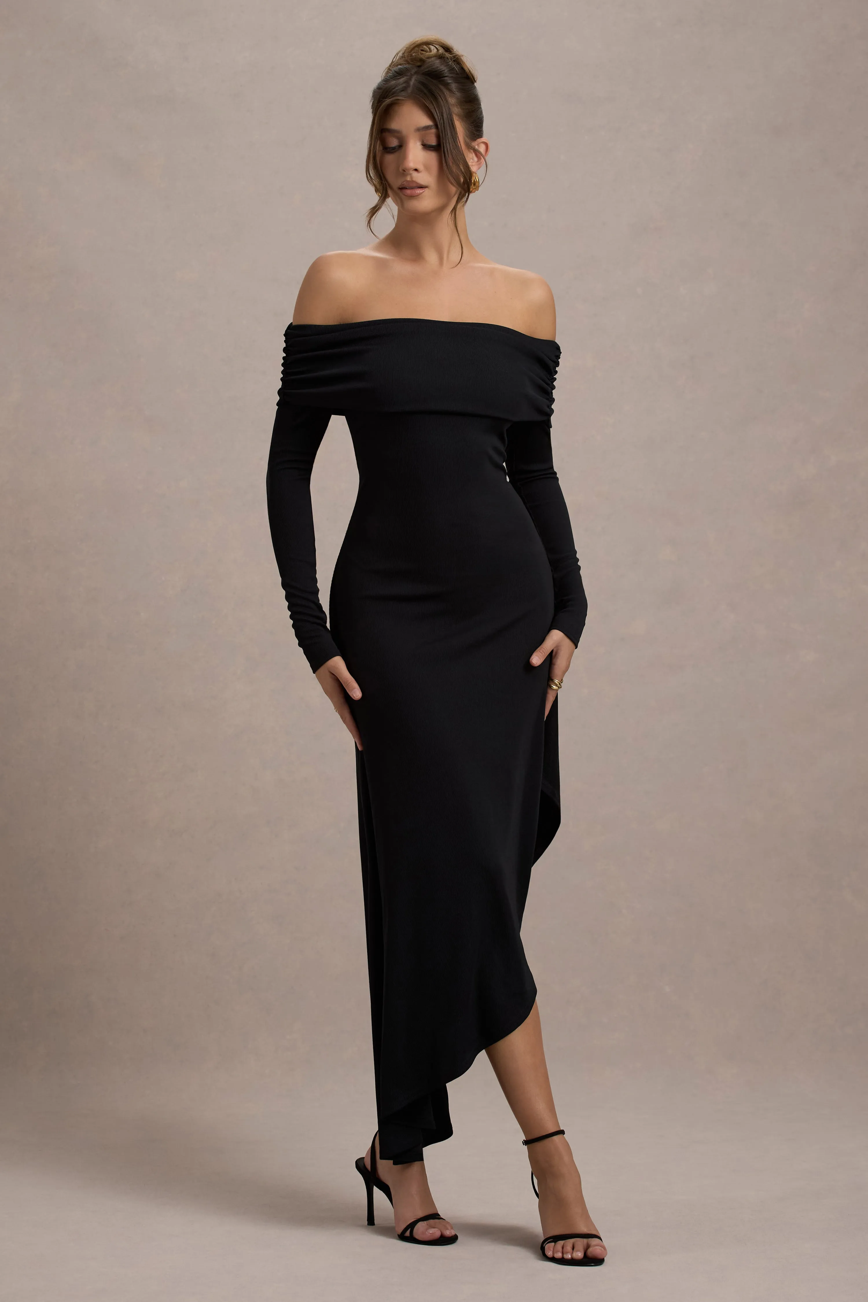 Romina | Black Rib Knit Bardot Maxi Dress With Asymmetric Hem