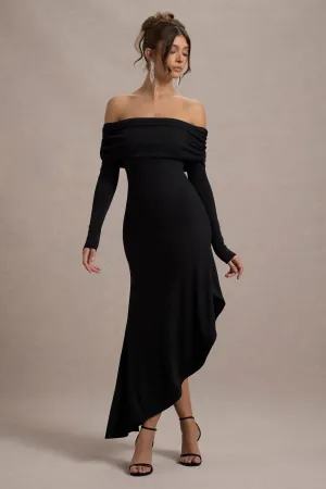 Romina | Black Rib Knit Bardot Maxi Dress With Asymmetric Hem