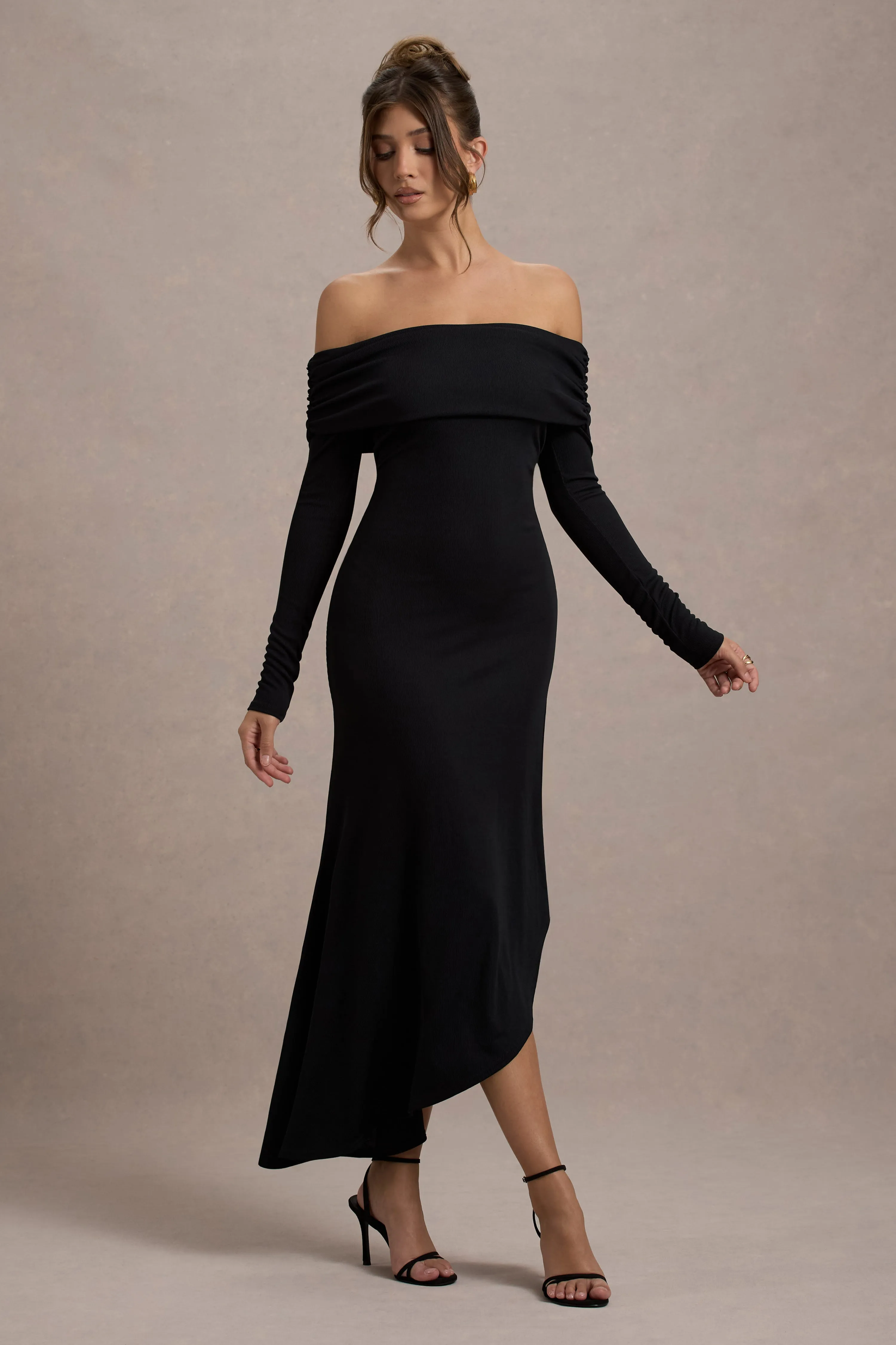 Romina | Black Rib Knit Bardot Maxi Dress With Asymmetric Hem